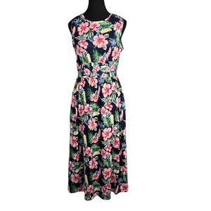 NWT | Prinbara | Navy Tropical Hibiscus Floral Maxi Dress with Pockets | Small